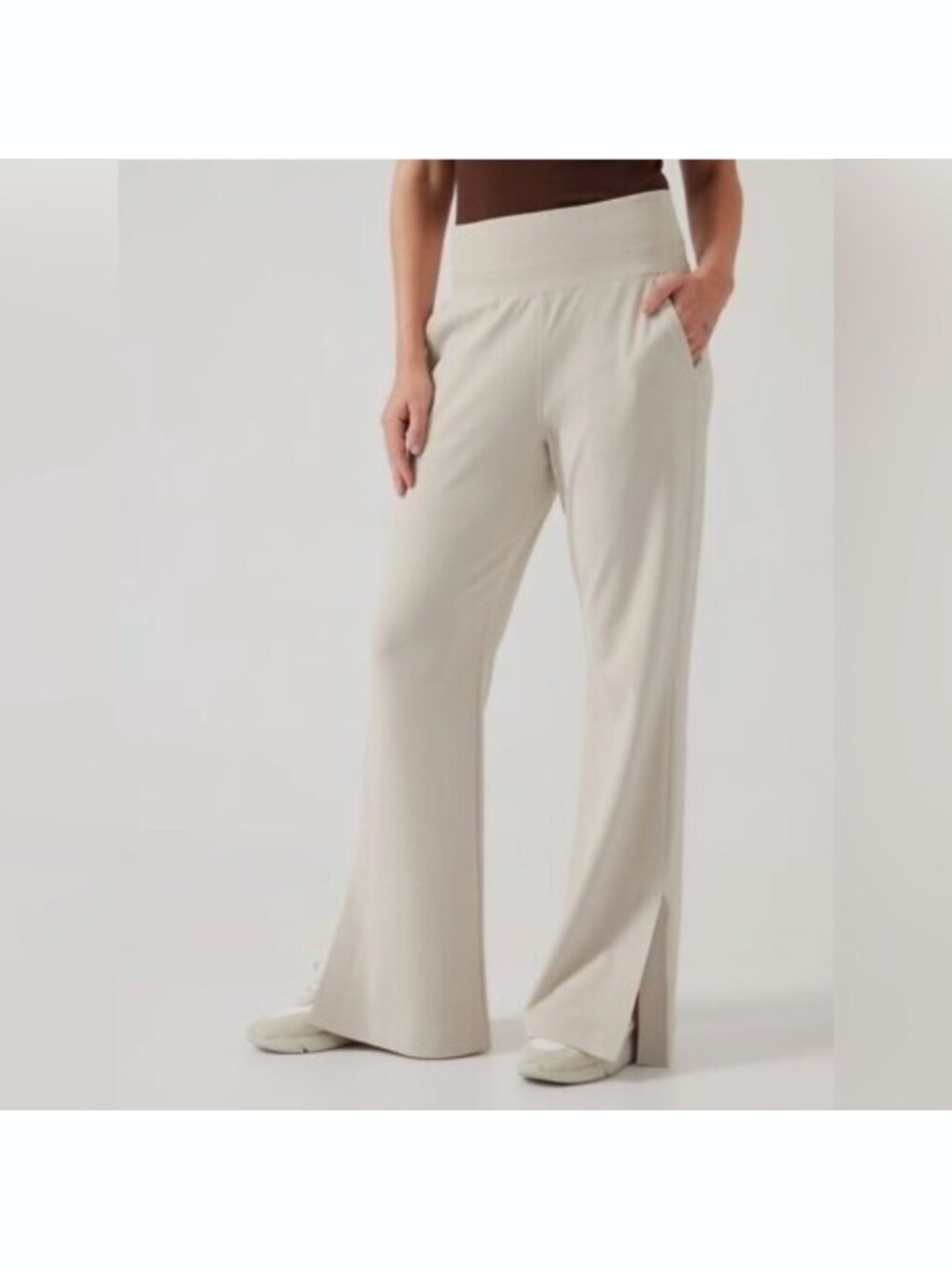 ATHLETA Venice High Rise Wide Leg Split Hem Trouser Pants Bone XL
